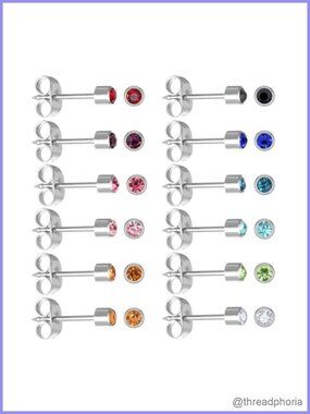 12 Pairs Surgical Stainless Steel Stud Earrings Cubic Zirconia Piercing Set